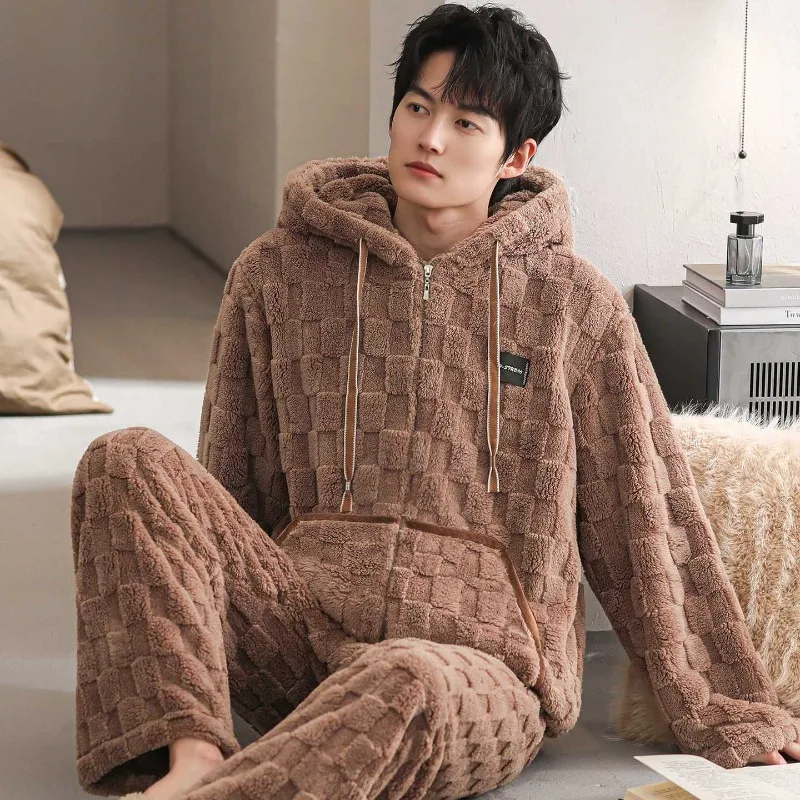 Coral Fleece Homewear Cardigan Zipper Large Size Warm Winter Clothing Men's Autumn Winter Thickened Fleece Flannel Suit Pajamas