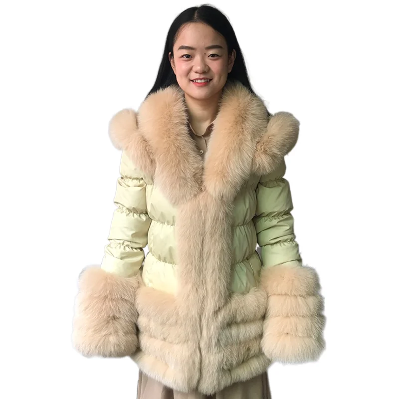 Spring Winter Fur Coat Real Fox Fur Parka Down Coat With Huge Fox Fur Hood And Trim Thick Warm Fashion Fur Jacket Collar