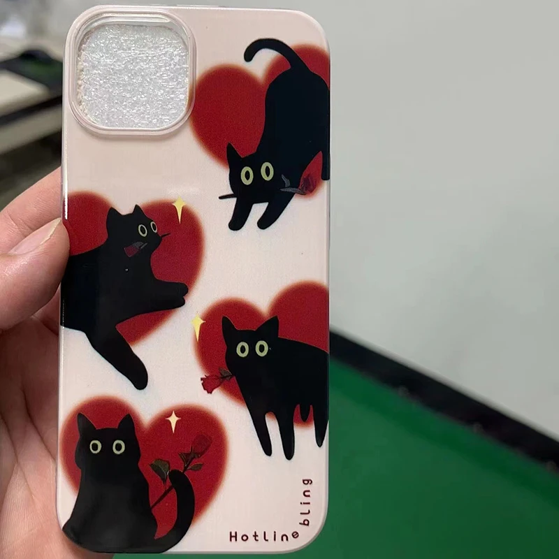 Korea Cute Cartoon Black Cat Wheat Phone Case For IPhone 15 14 13 12 11 Pro Max MINI 8 7 Plus XS XR 15PRO Love Chain Back Cover