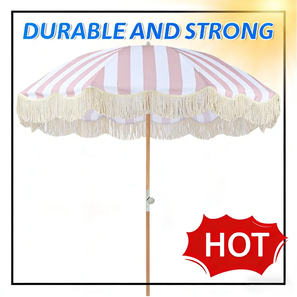 

Bohemian Striped Beach Umbrella with Fringe Tilt Pole Portable Sunshade Umbrella UPF50+ UV Protection for Pool Garden Backyard