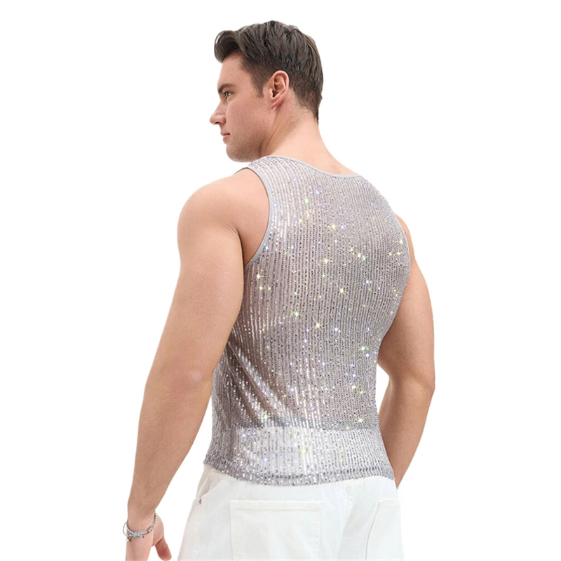 Herren-Netz-Strass-Y2K-Tanktop, durchsichtig, glitzernd, Party-T-Shirt, Nachtclub, Musikfestival, Bühnenkostüm – Detail 3