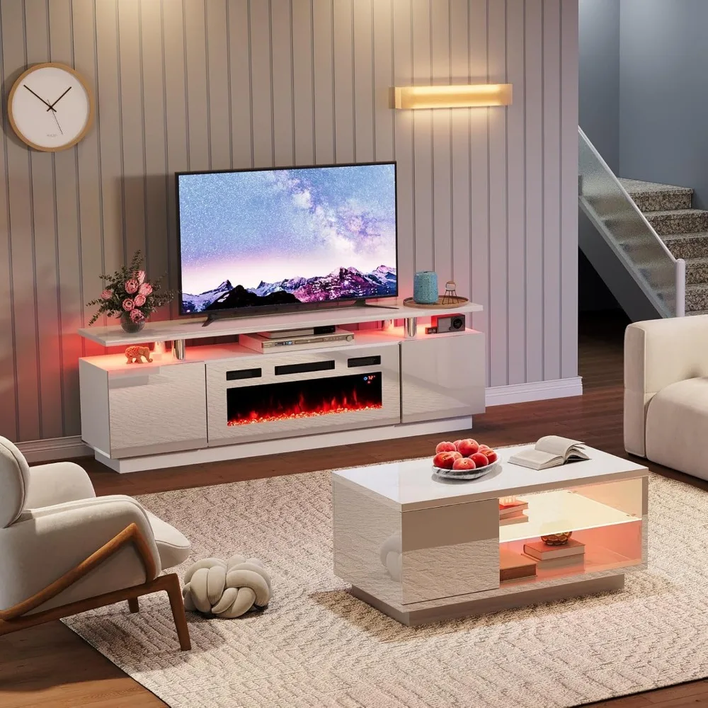 Tischs ets von 3, inklusive 70 "2-stufigem Kamin-TV-Ständer, Couch tisch mit Glas regalen, LED-Leuchten Media Entertain ment Center