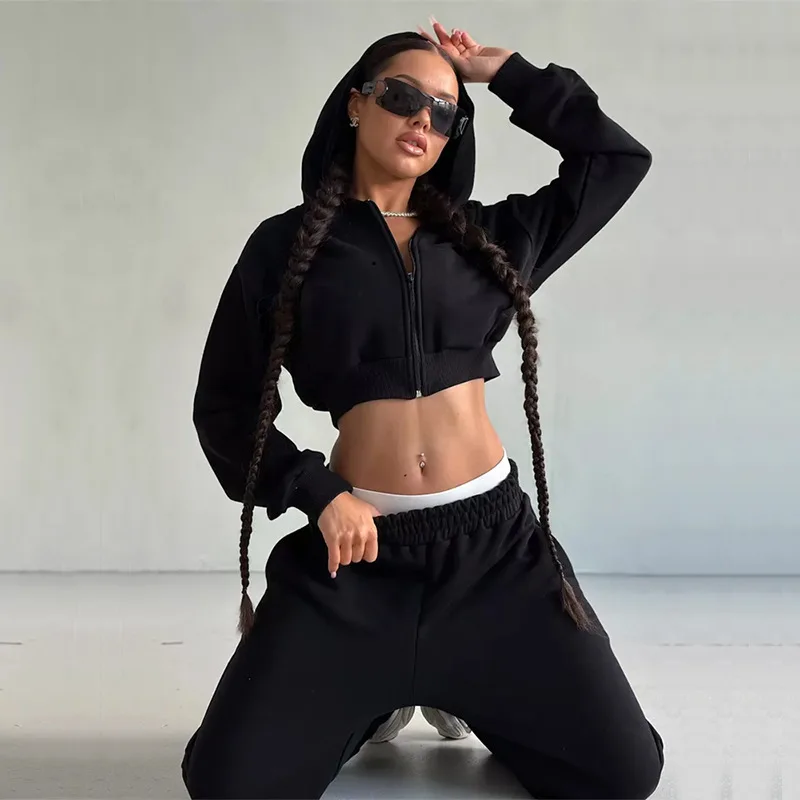

2025 New Autumn spring Sports Suit Women's Hooded Long-Sleeve jacket Hooded Cardigan crop top and bottom pant Sets Tracksuit