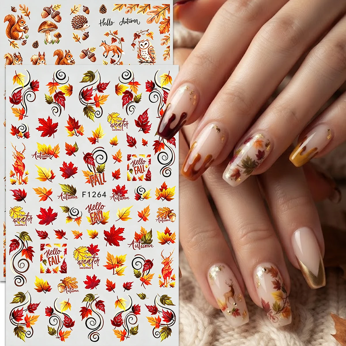 2/4/2/3/2PCS Fall Maple Leaf Squirrel Owl Nail Stickers, Watercolor Forest Animal DIY Manicure Decals, Nail Technician Supplies