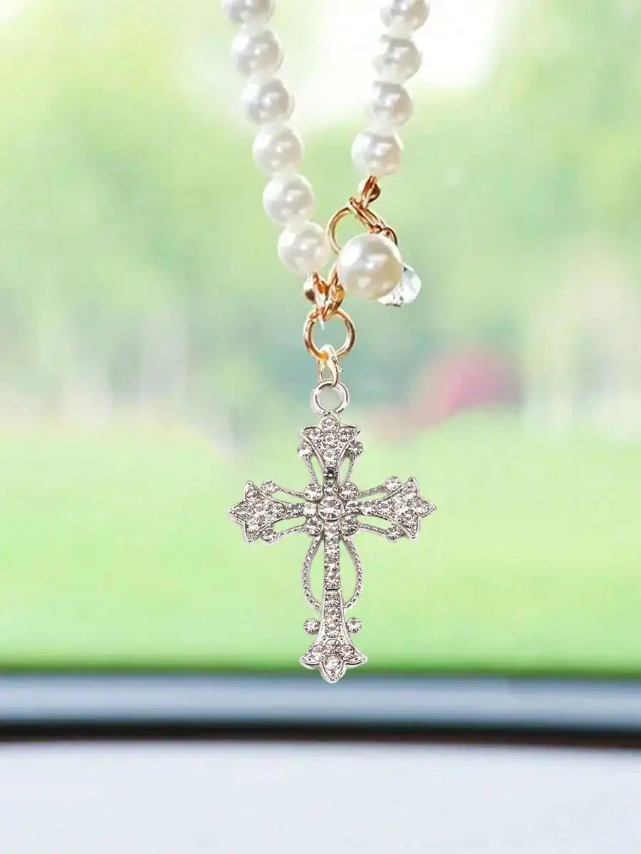 1pc Car Interior Pendant - Pearl Chain And Cross; Pearl And Diamond Elements; Elegant Style, Cross Pendant, Car Rearview Mirror