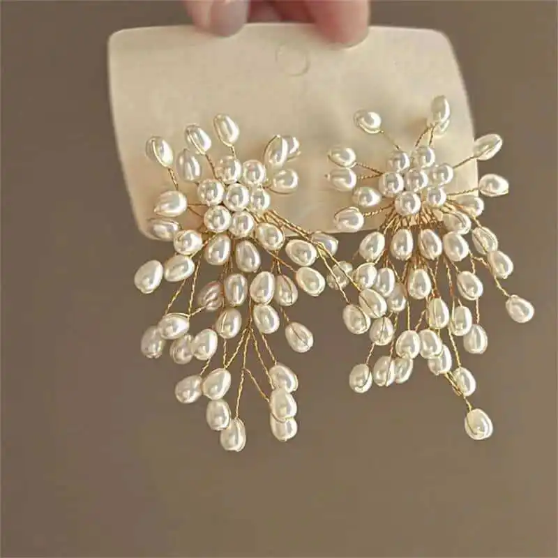 

French Handmade Beaded Light Luxury Exaggerated Imitation Pearl Flower Long Dangle Earrings Fashion Women Geometry Jewelry Gifts