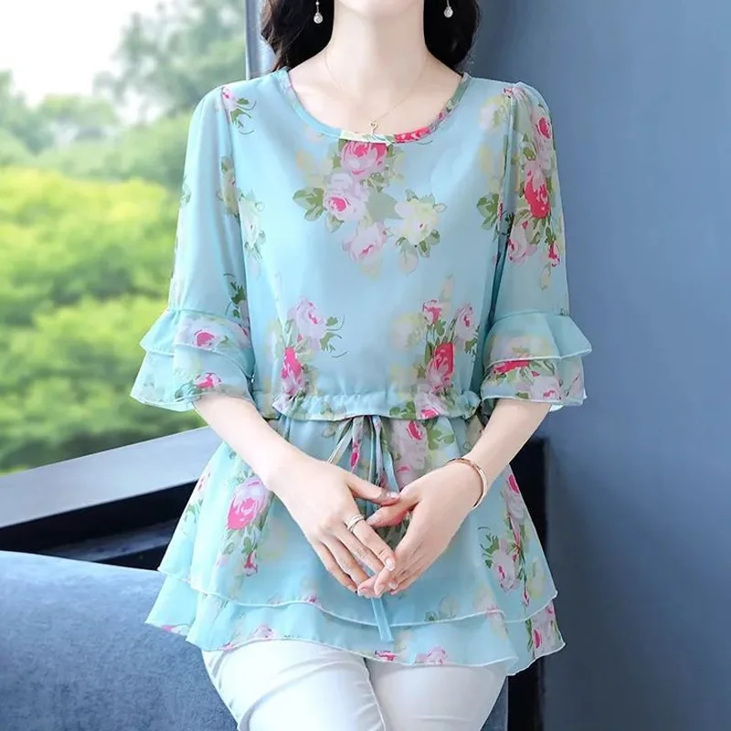 

Temperament Irregular Blouse Summer New Thin Half Sleeve Printing Drawstring Loose Shirt Tops Elegant Vintage Women Clothing