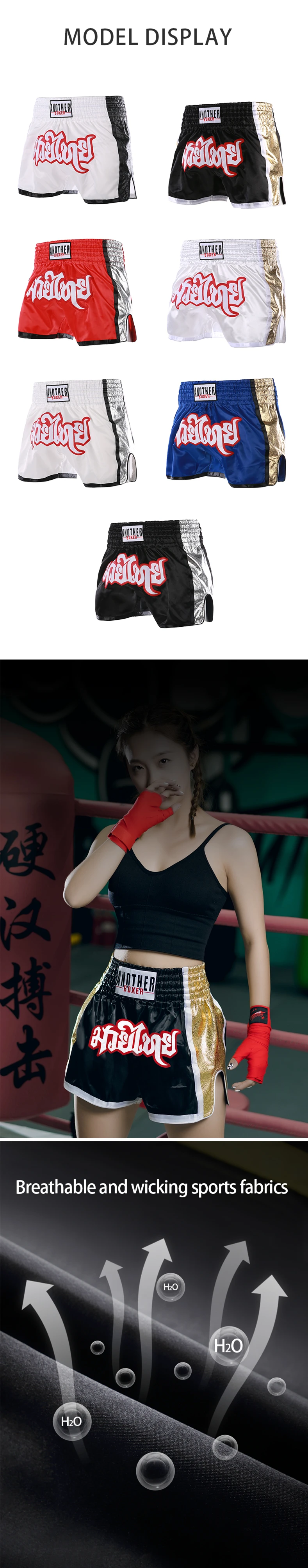Muay Thai Shorts für Herren, Damen und Kinder, Boxtraining, Kickboxen, Bestickte Gym-Hosen, Kampfsport, Grappling-Training, MMA-Bekleidung – Detail 7
