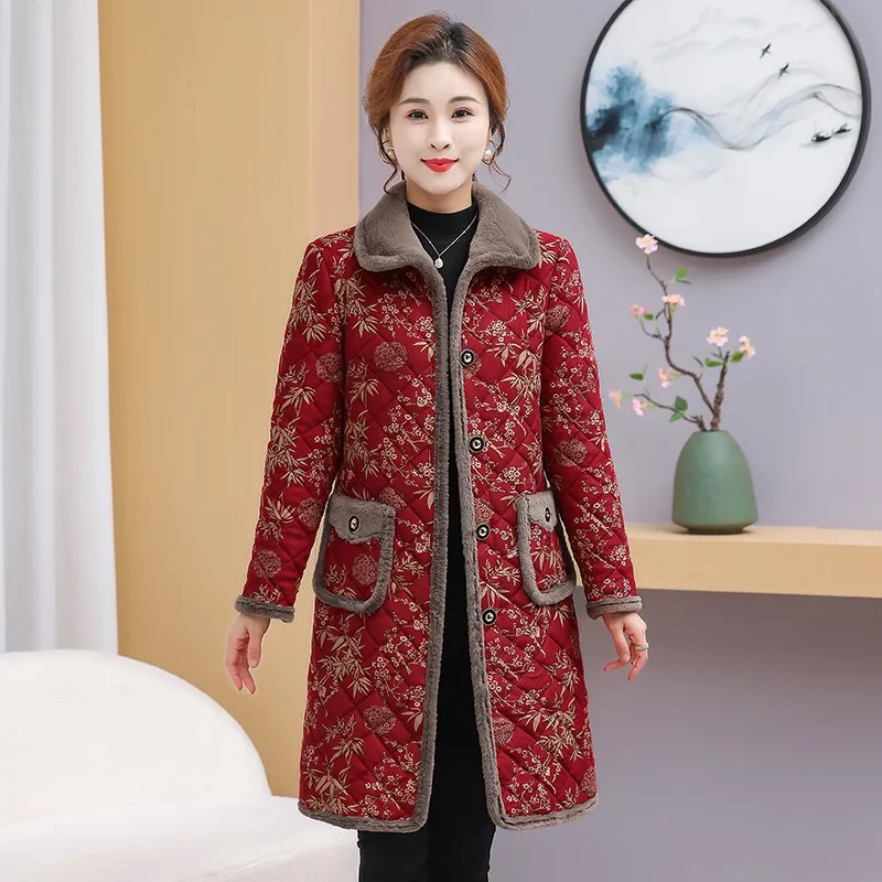 Veste en coton rembourrée pour femme, manteau floral, veste femme d'âge moyen, hiver