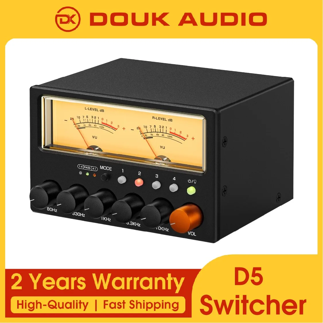 Douk Audio D5 4-Way Audio Switcher Splitter HiFi 5-Band Stereo EQ Preamp Equalizer with VU Meter