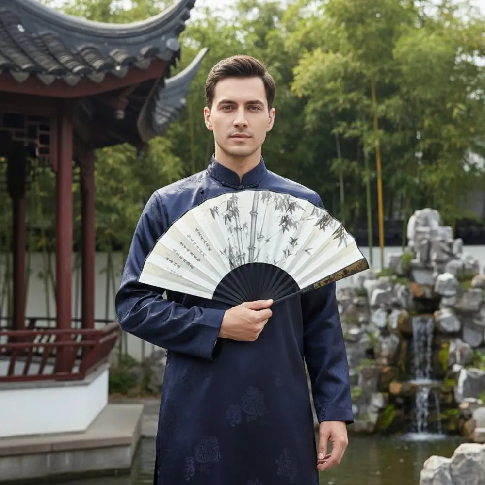 Laser Carved Handle Chinese Traditional Folding Fan Large Size Hand Held Man Silk Fan Classical Summer Fan Photo Props