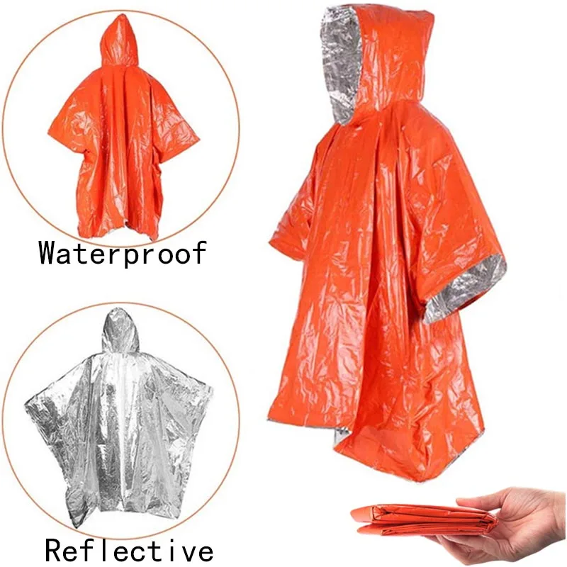 Emergency Poncho and Mylar Blanket Liner  Waterproof  Wind-Resistant Outdoor Rain Poncho for Camping Hiking Survival Blankets