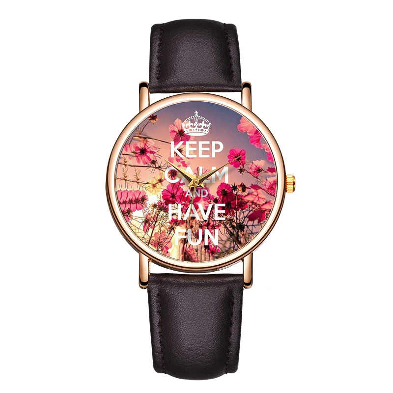 Conjunto de Reloj de cuarzo para mujer, pulsera de cuero con flores, resistente al agua, con esfera redonda ligera, a la Moda