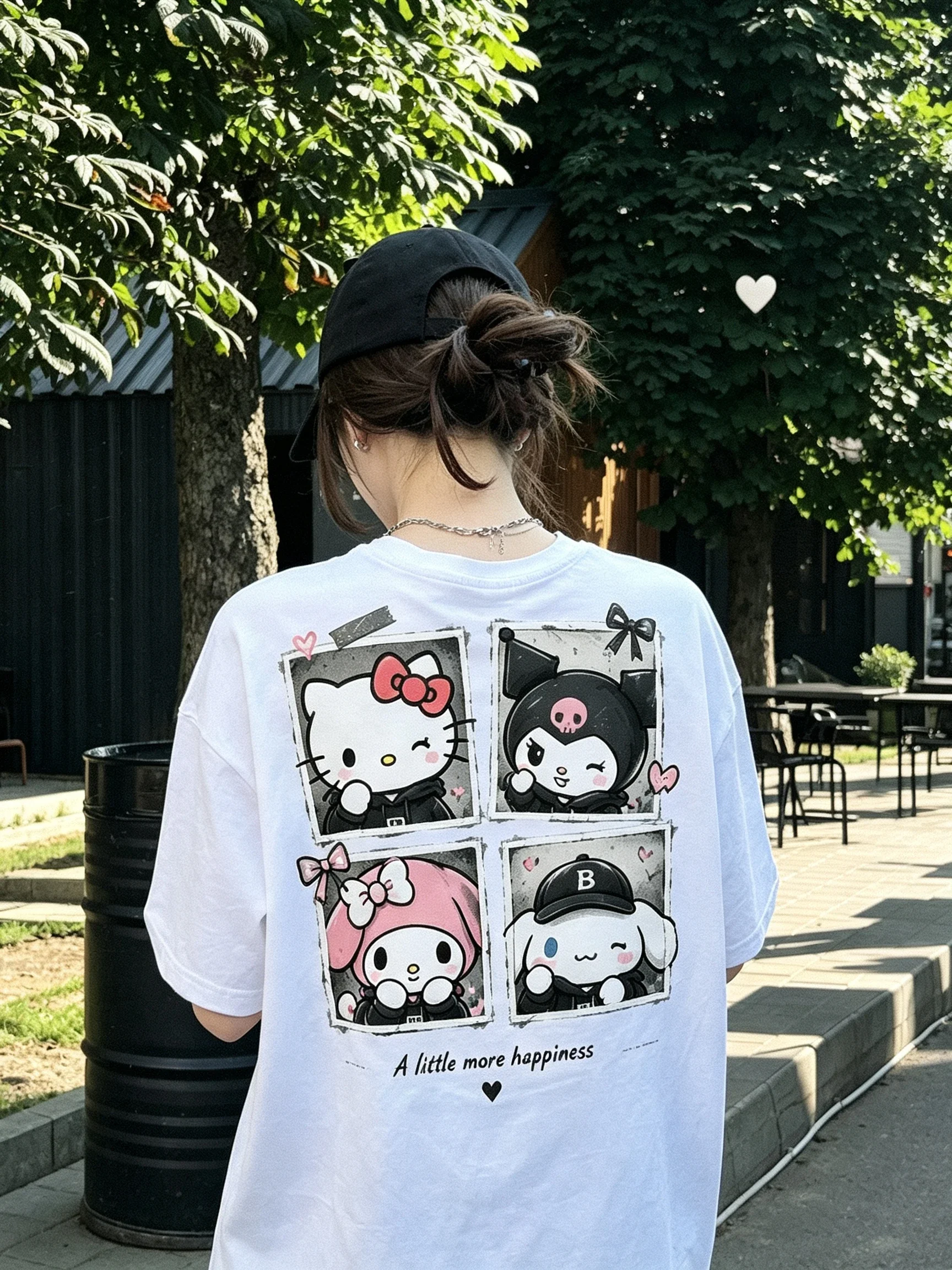 Hello Kitty White Tee Oversized Graphic Art Print Short Sleeve Streetwear Top for Men And Women Cool Parent Child Basebal