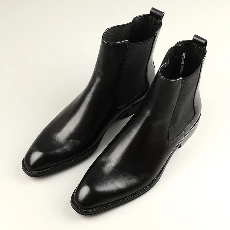 

Genuine Leather Chelsea Boots Men's ort High Top Elastic Mouth Casual Boots All-Match Youth Trend Winter Low Heel