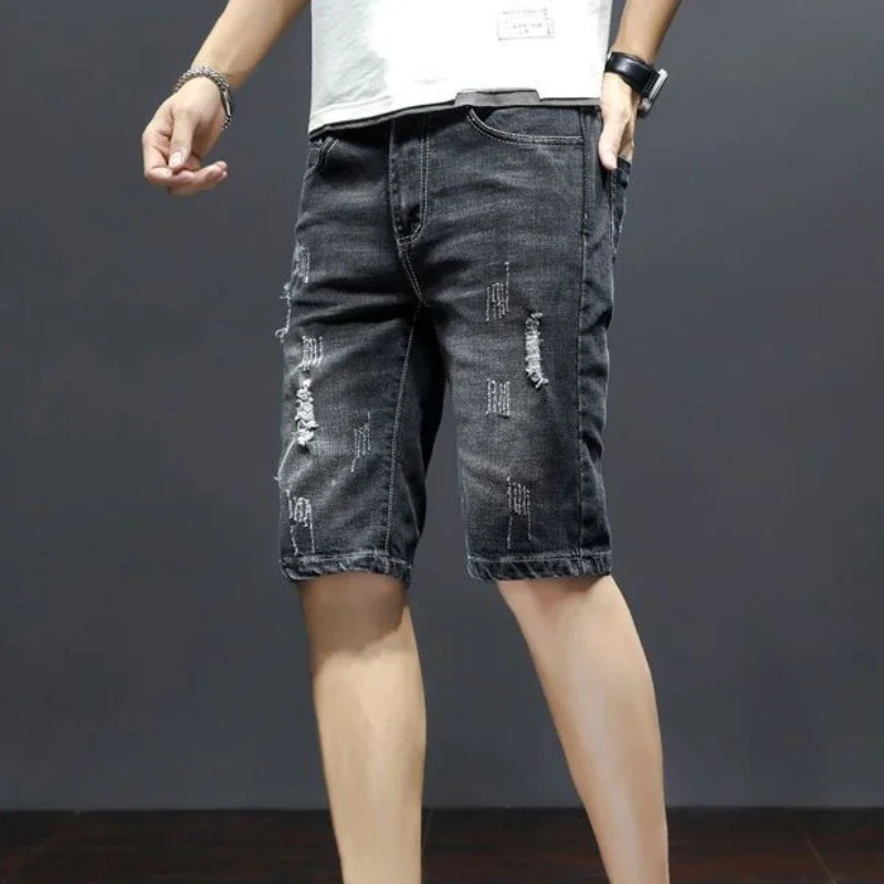 

Ripped Bermuda Straight Men's Short Jeans Pants Long Slim Skinny with Pockets Male Denim Shorts Half Rude Y2k Fashion Summer Cut