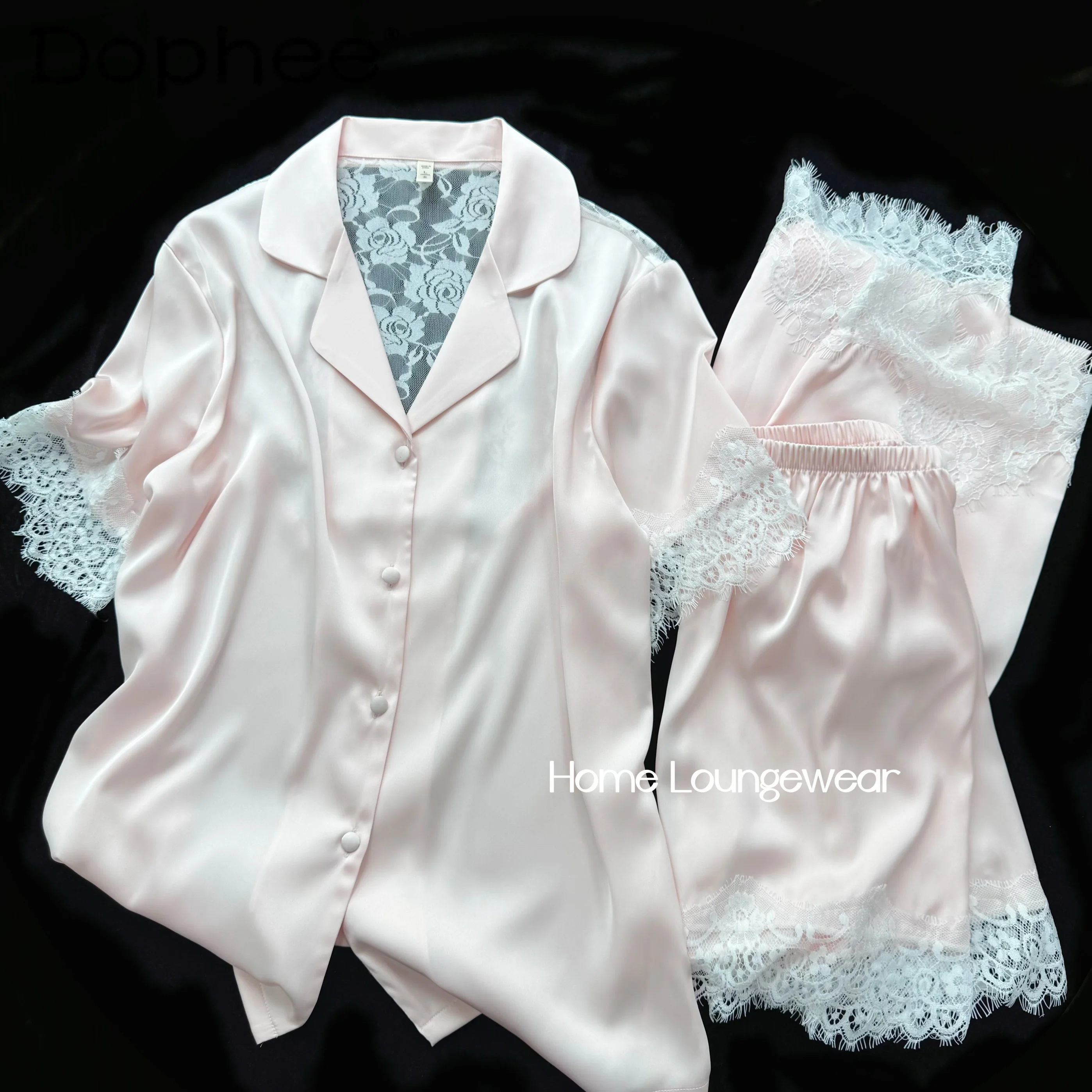 2025 New Ice Silk Thin Short-sleeved Pink Pajamas Women's Summer Sweet Casual Sexy Loungewear Three-piece Set
