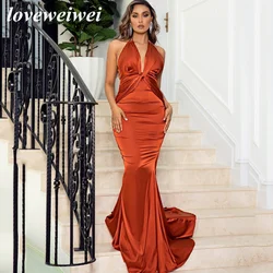 Elegant Halter Satin V-Neck Burnt Orange Evening Dresses Sexy Long Pleated Backless Party Prom Gowns Trains vestido de festa