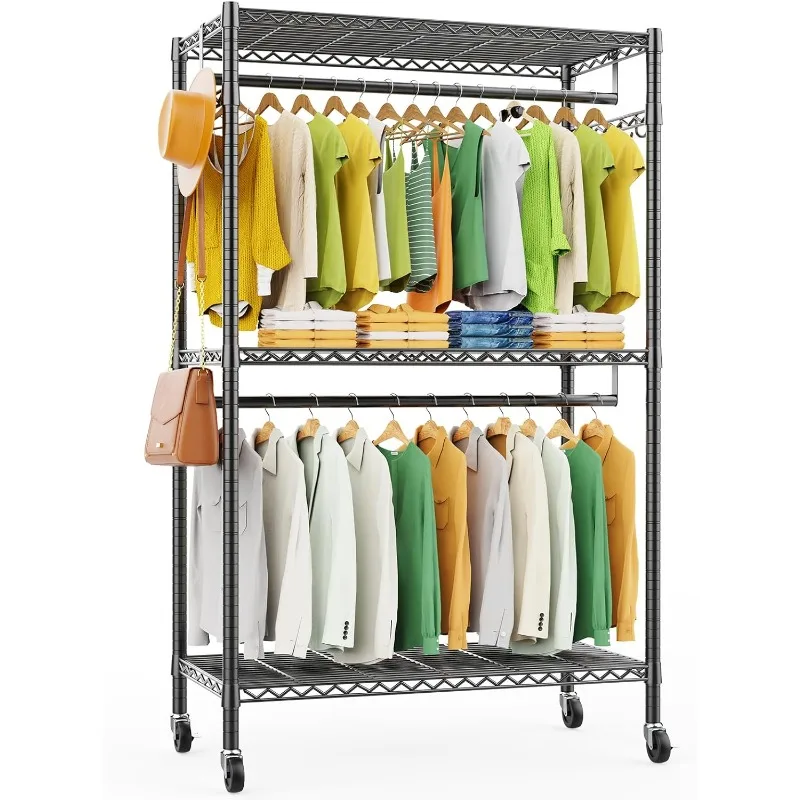 

Heavy Duty Clothes Rack, 3 Tiers Rolling Garment Rack for Hanging Clothes, Adjustable Wire Clothing Rack with Storage Shelves