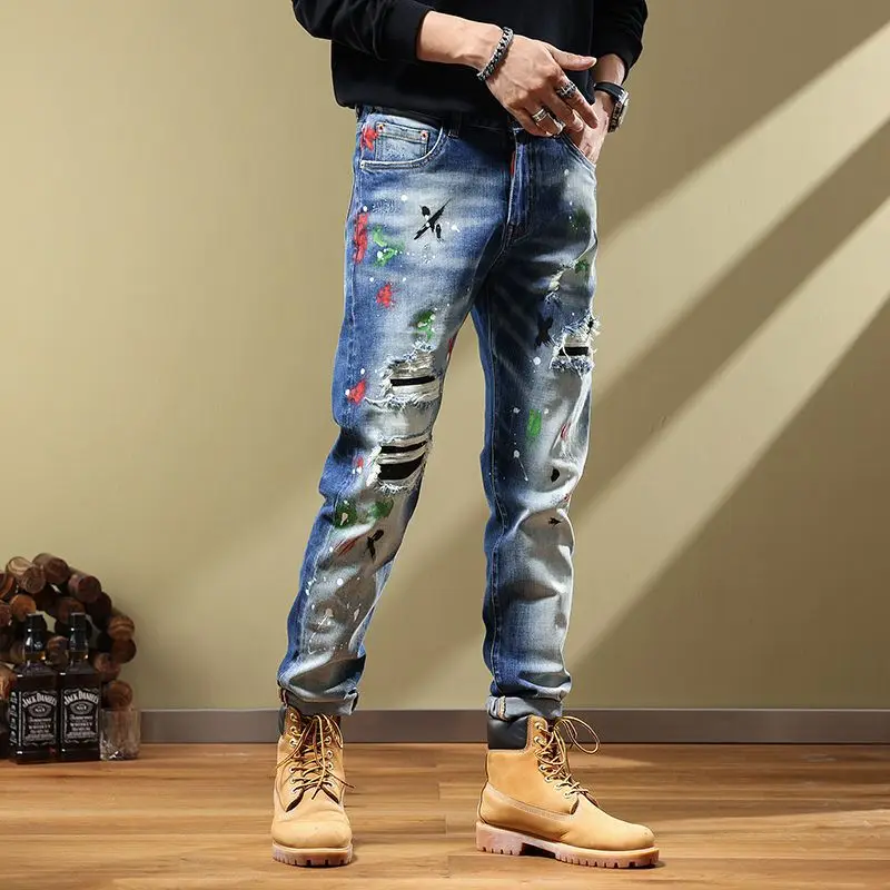 2022 New Vintage European and American Embroidery Printed Scratched Jeans Men's  Slim Fit Elastic Leggings  skinny jeans men