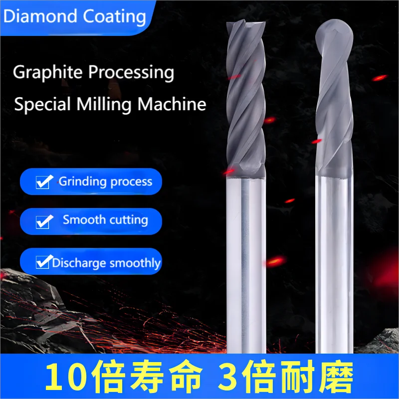 2-Flute CNC Processing Diamond Coated Carbide Extended Straight Shank Ball End Mill Carbide Graphite Milling Cutter