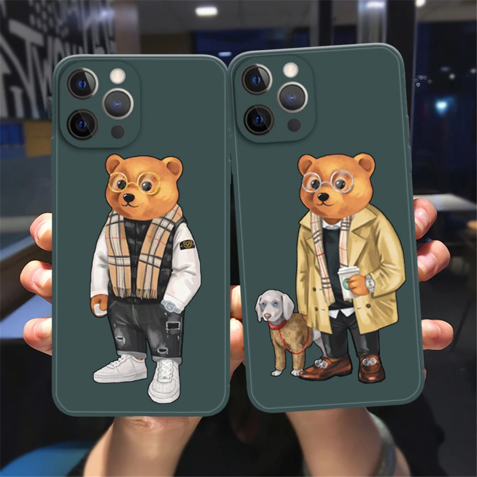 Cute Bear Fashion Brand Protective Case for IPhone 13 12 11 14 Pro Max XSMax XR X 7 14Plus dark green Silicone Soft Bumper Cover