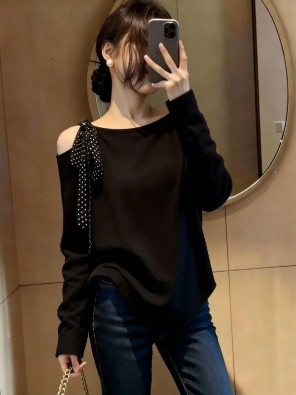 

Unique Beautiful Faionable Women's Long Sve irt Spring 2026 Casual Loose Fit Ele Sle Side oulder Design