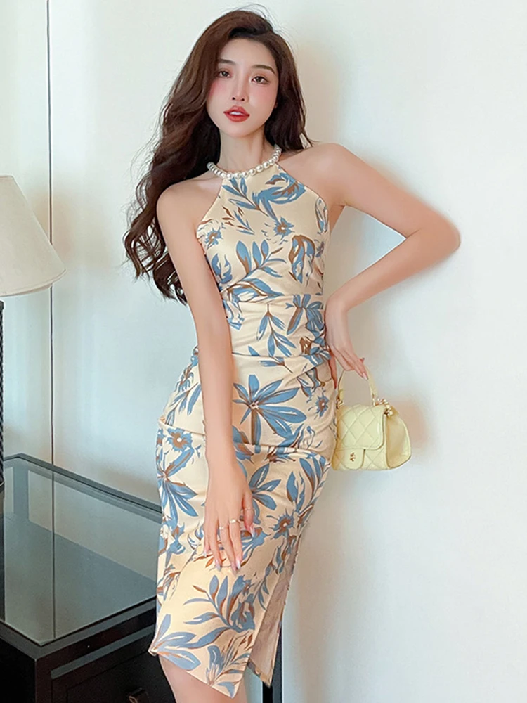 

Fashion Women Evening Dress Floral Sexy Sleeveless Bodycon Folds Slit Midi Party Club Beach Stretchy Robe Femme Mujer Vestidos