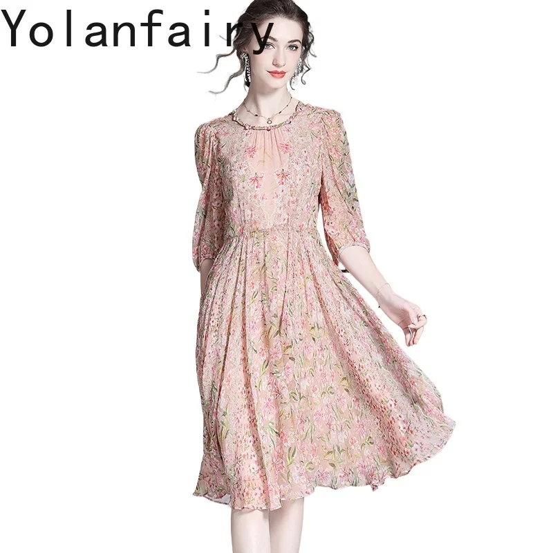 

YOLANFAIRY, новое платье из 100% натурального шелка тутового шелка, женское лето 2022, элегантное милое платье с цветочным принтом, женская одежда, женские платья с круглым вырезом