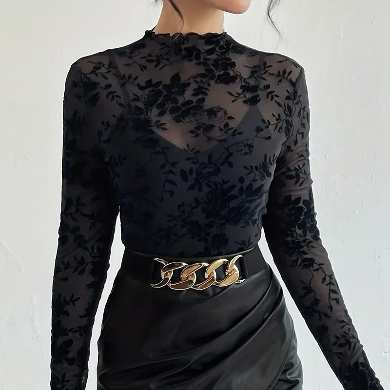 Fashion Black See Through Shirt Women Sexy T-Shirts Flower Printed Tee Female Long Sleeve Basic Shirts For Women Elegant Tops
