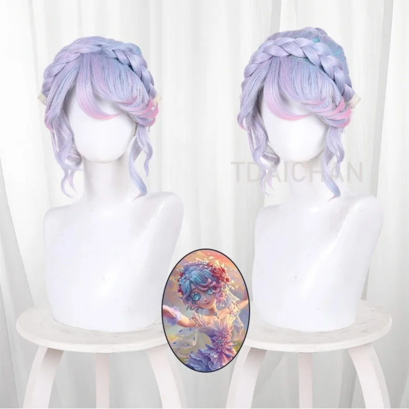 Identity V Gardener Emma Woods Wilis Cosplay Wig Blue Pink Gradient Braided Updo Game Hairpiece Free wigCap Resistant Synthetic