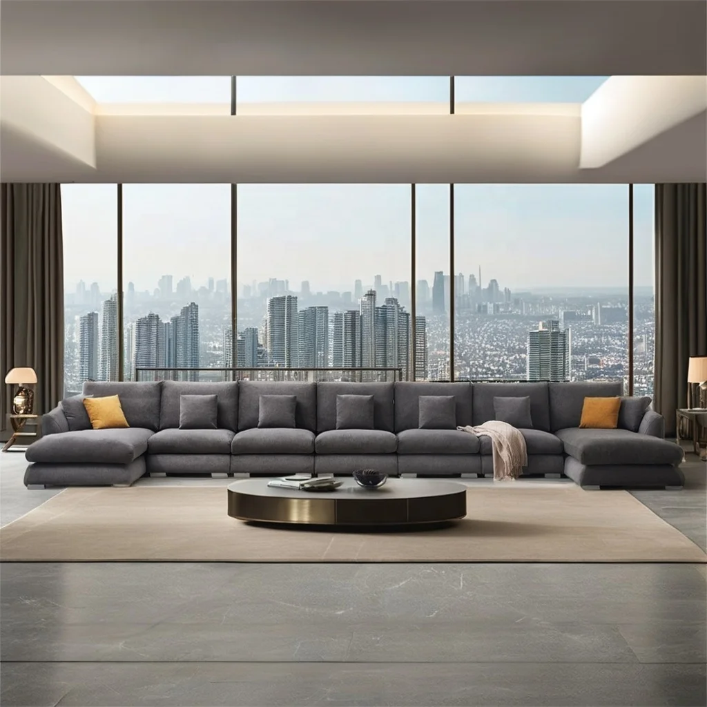 Luxury Fabric Extendable Tufted Modular Sectional Sofa Set with High-density Sponge U Shaped Design for Villa Living Room