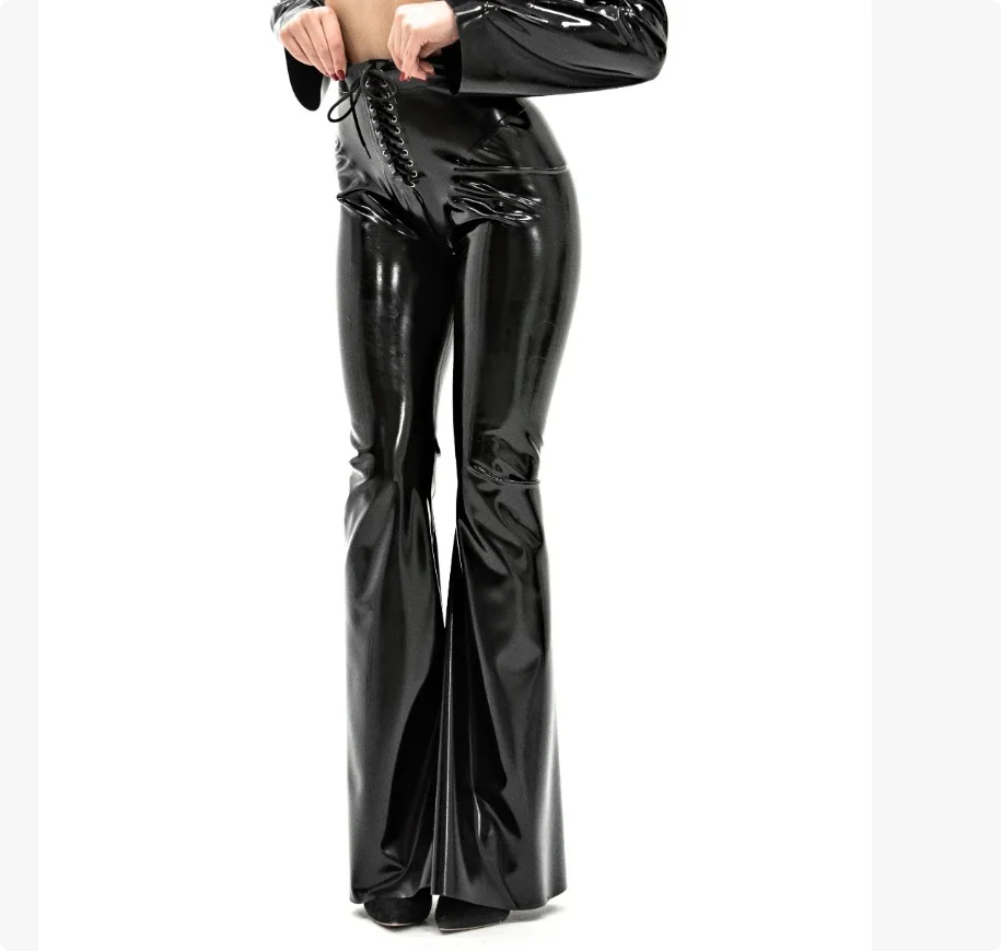 

Handmade Black Latex Women Casual Trousers Front Lace Up Rubber Female Wide Leg Pants Latex Lady's Rubber Cosplay Strappy Bottom