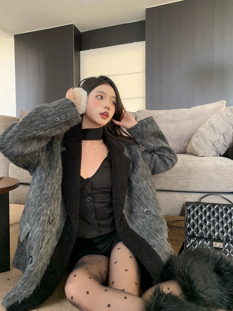 UNXX Chaebol Heiress Style Woolen Double-Breasted Color-Blocked Thick Anti-Freeze Blazer for Autumn/Winter High Quality Fashion