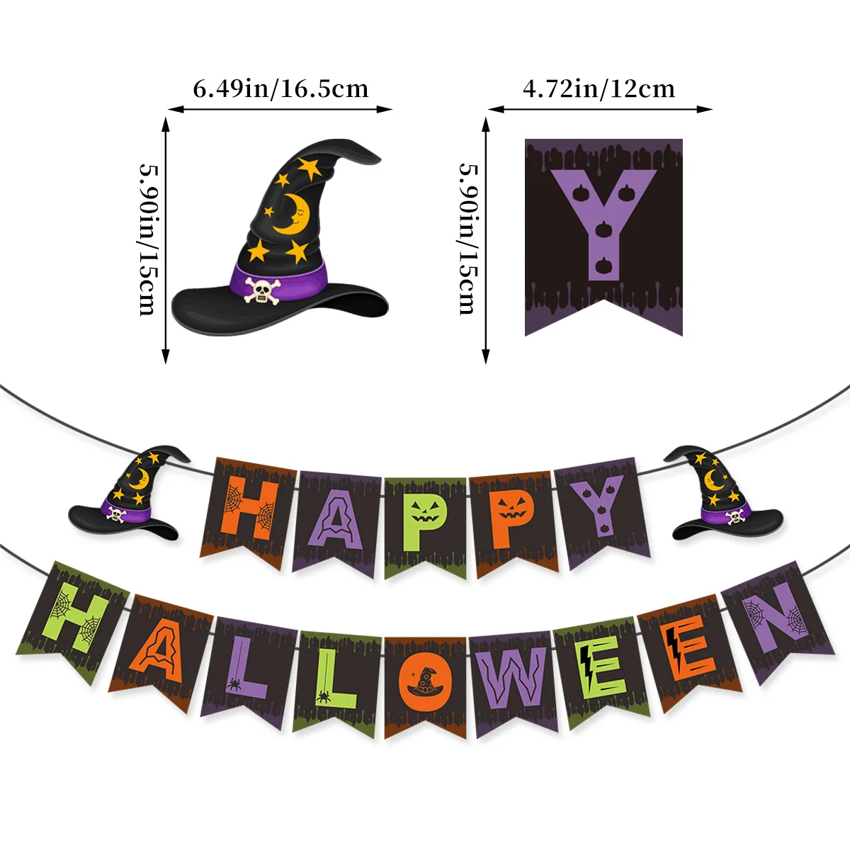 Happy Halloween Theme Party Flags Celebrate Flags Paper Flag for Family Home Boys Girls Cartoon Witch Bat Pumpkin Decoration