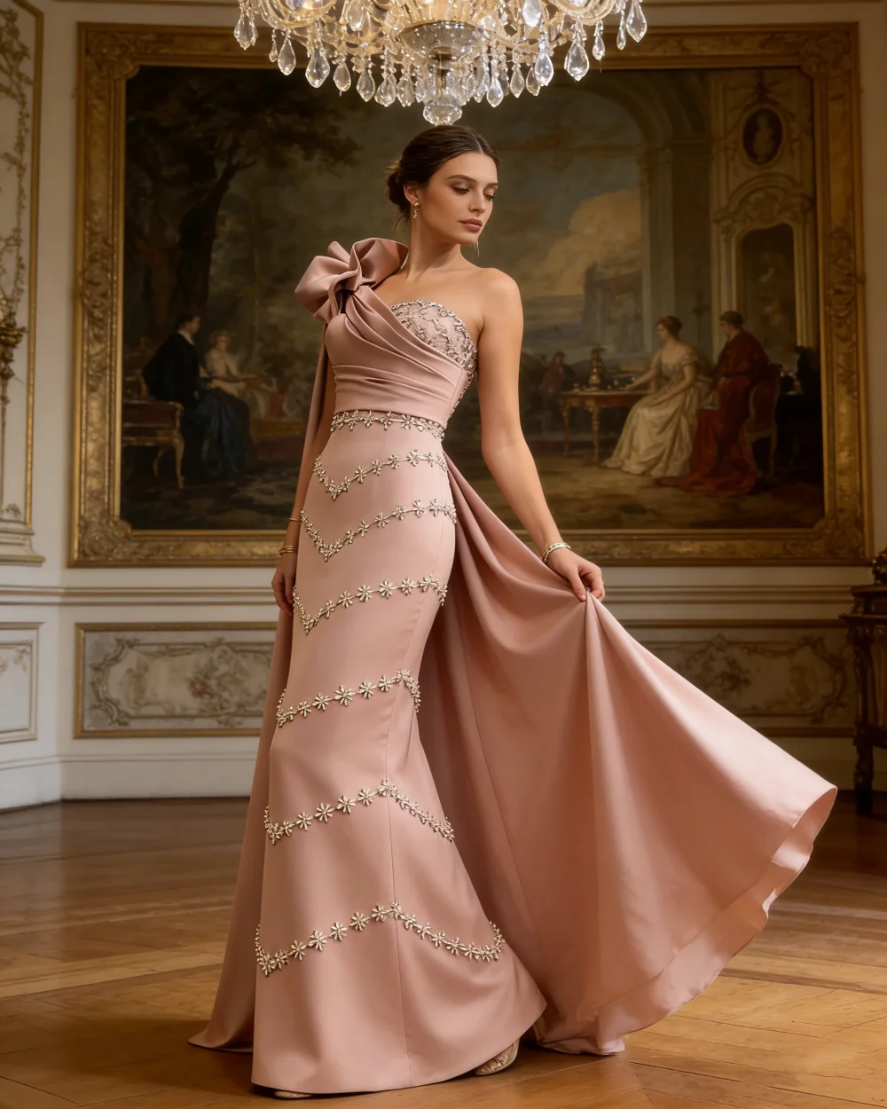 Customized Matching Fashion Rhinestone Handmade Flower Straight One-shoulder Long Dresses Evening Dresses Exquisite