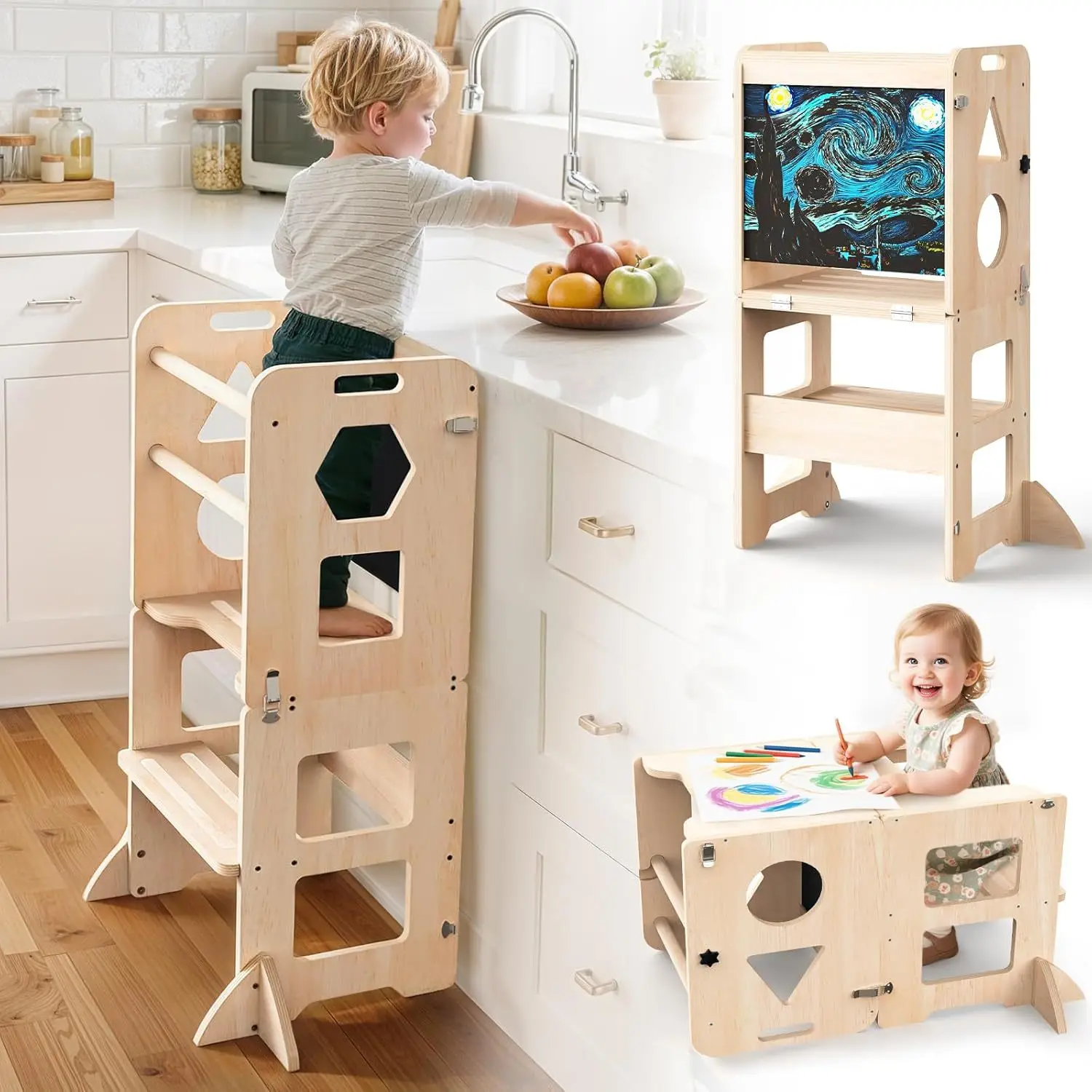 Foldable Solid Wood Learning Tower Household Kids Standing Stool, Multi‑Function Kitchen Washing Dining Chair for Children Home