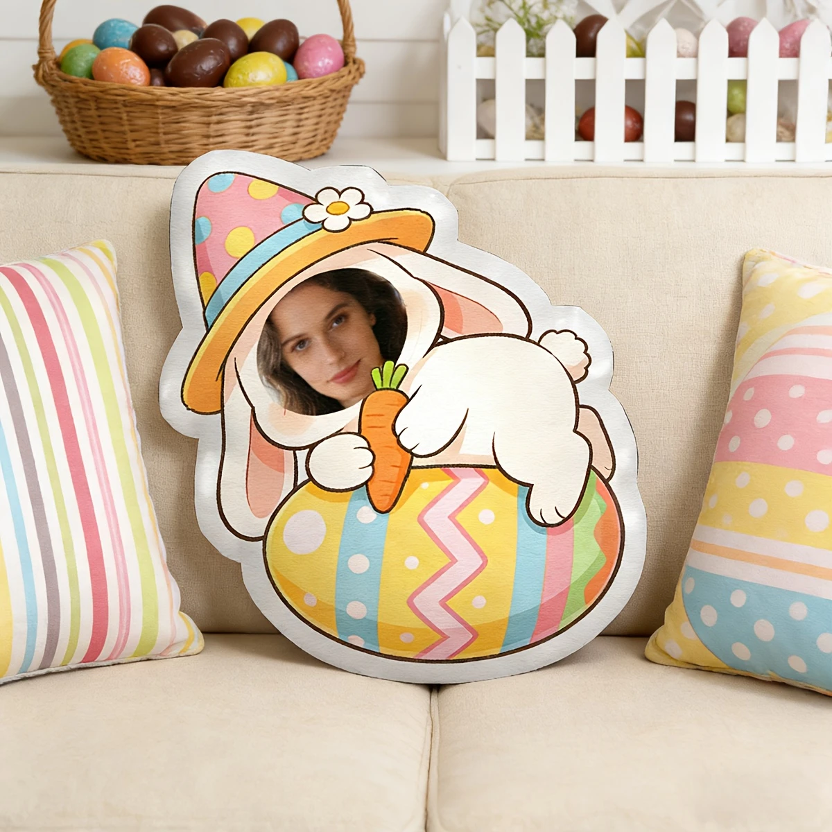 Custom Photo Rabbit Eating Carrot Pillow- Double-sided Print, Polyester Fabric- Personalized Easter Bunny Design with Your Face-