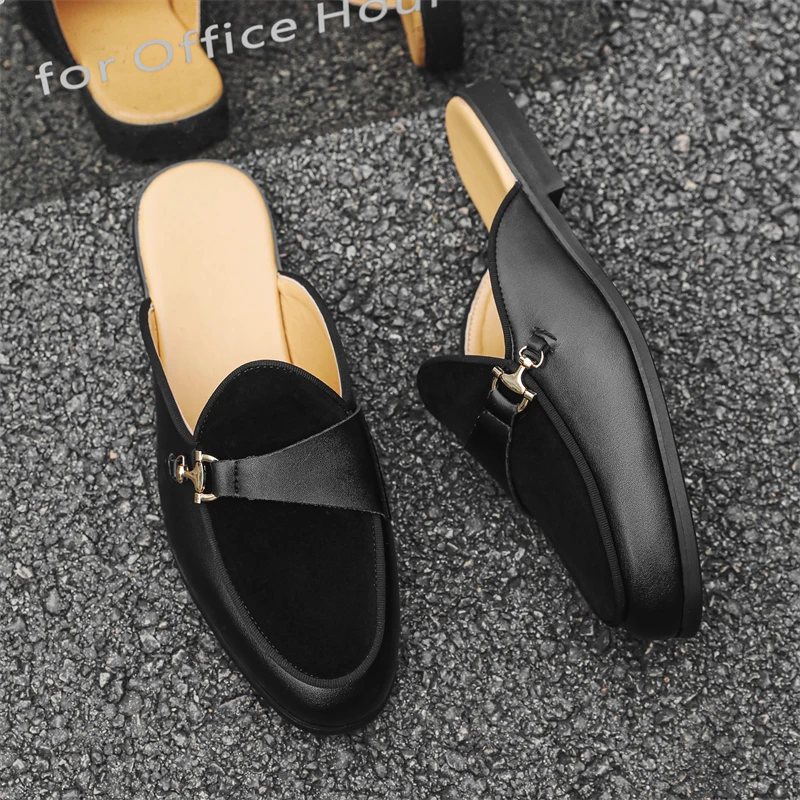 Summer Mules Men Half Shoes For Man Slippers Leather Mens Semi-Drag Casual Shoes Backless Loafers Male Slides Flats Sandals