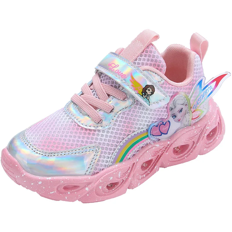 New 2024 Disney LED Casual Sneakers for Spring Girls Frozen Elsa Princess Print Pu Leather Shoes Children Lighted Non-slip