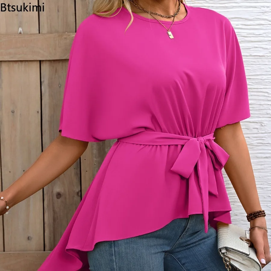 Elegante damesblouses Mode Effen losse casual O-hals trui Shirts Dames zomer korte mouw onregelmatige zoom vetertops