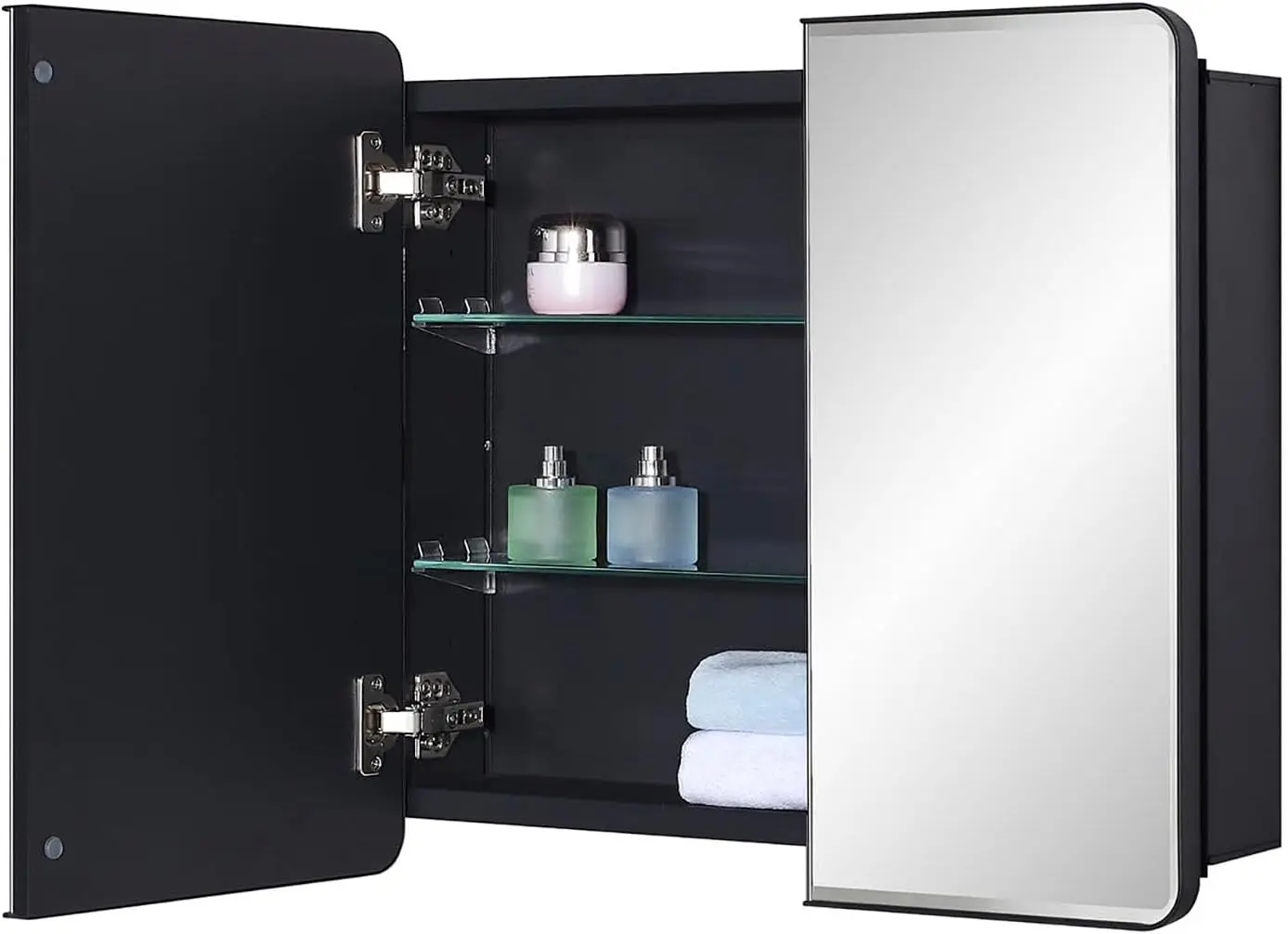 Black Bathroom Medicine Cabinet with Round Corner Framed Door and Beveled Edge Mirror 22 x 20 inch, Recessed or Surface Mount, w