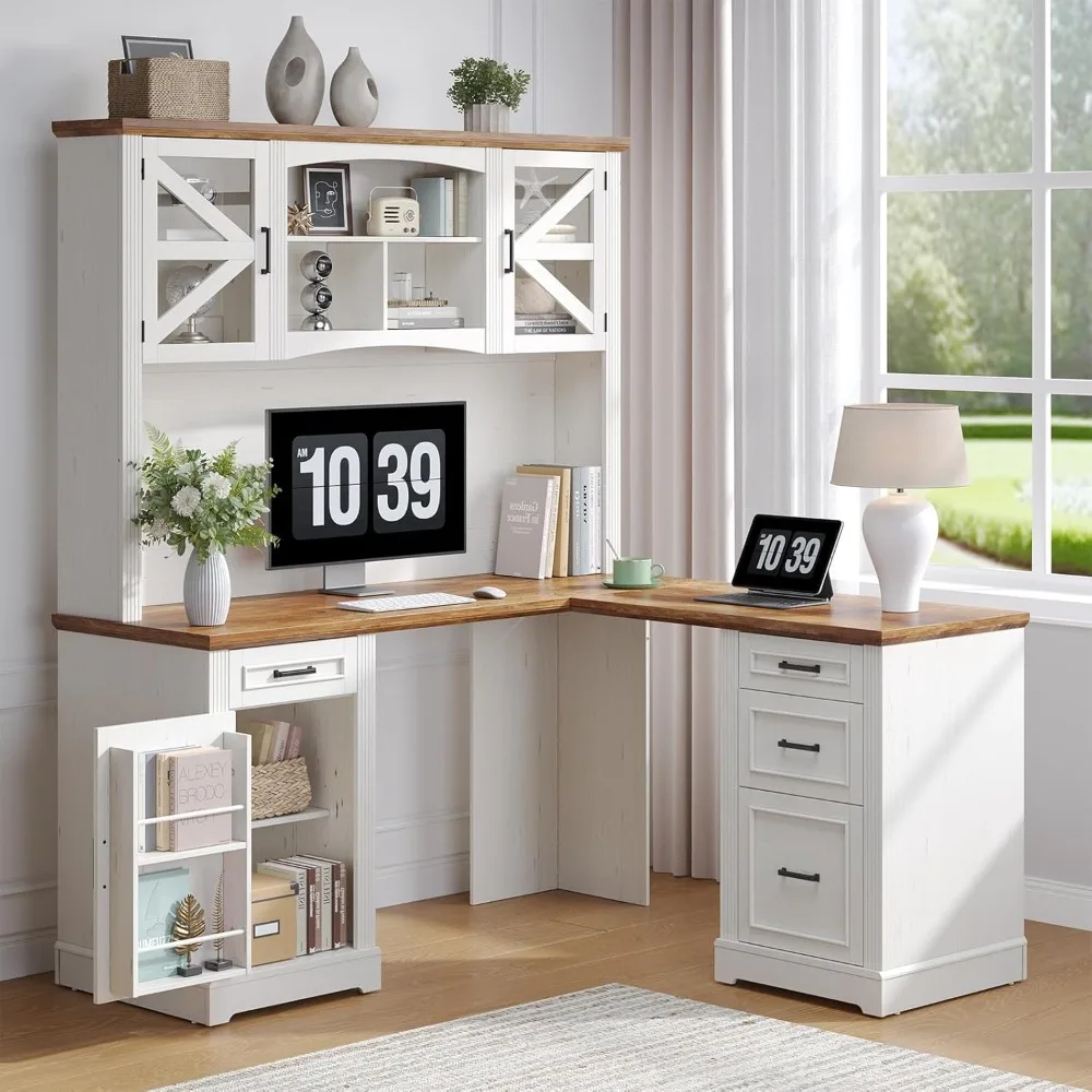 

72" L-Shaped Executive Desk with Hutch, Farmhouse L-Shaped Computer Desk with 4 Drawers, File Drawer and Power Outlet.