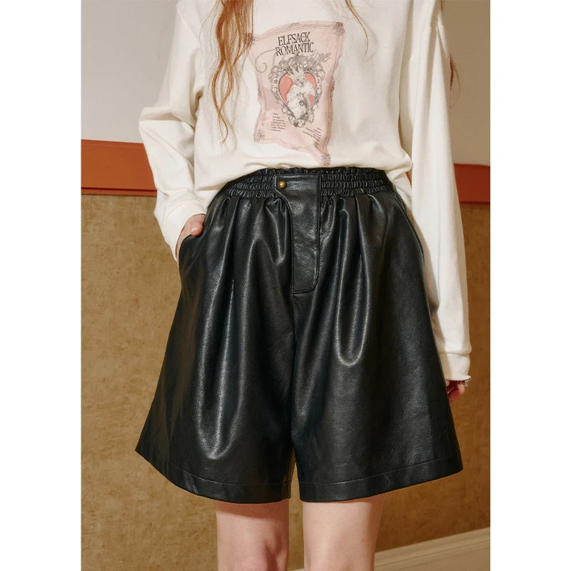 ELFSACK 2025 automne nouveautés décontracté PU Style rétro taille haute plissé en cuir Shorts pour femme