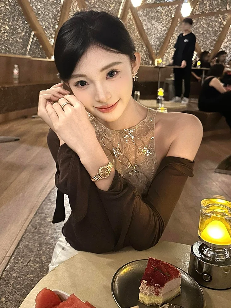 

Women's Slim Fit Long Sve iny Sequin oulder Bared irt French Sle Heavy Work Base Top for Autumn Faion Ele Lady