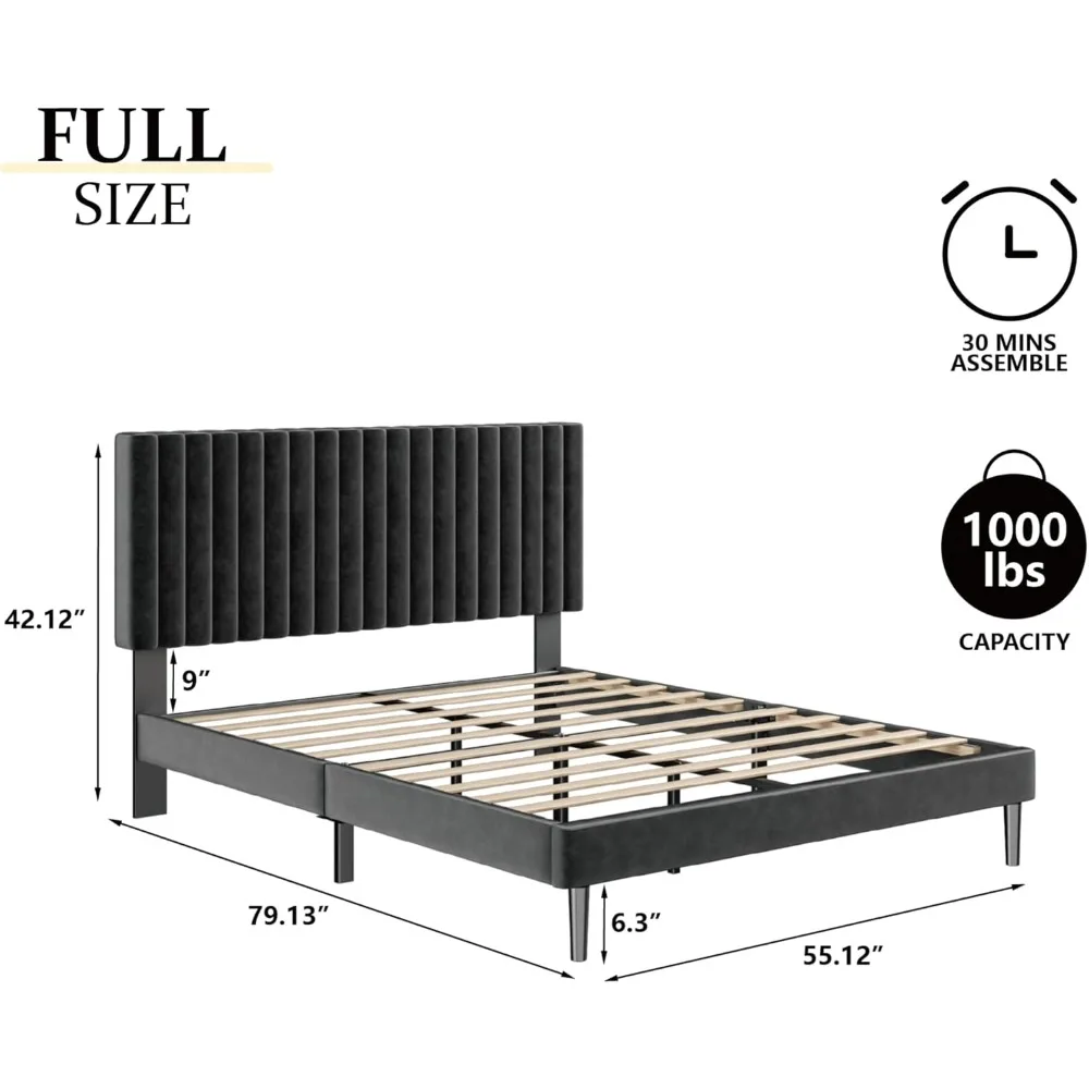 إطار سرير كامل الحجم من اللوح الأمامي المنجد المخملي مع منصة ودعم شريحة خشبية، زنبرك صندوق اختياري