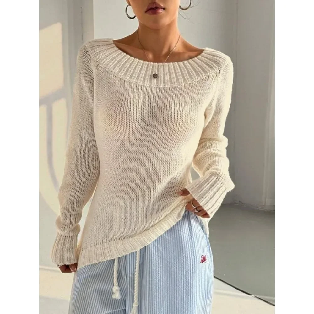 Women One Shoulder Knit Sweater Slant Off Shoulder Long Sleeve Jumper Elegant Slim Casual Pullover Top Office