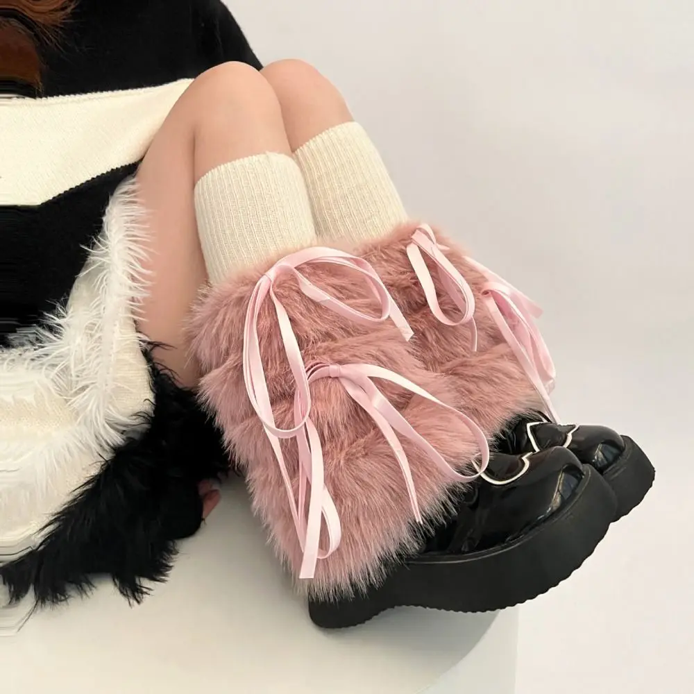 

Faux Rabbit Fur Leg Warmers Winter Thickened Plush Bow Tie Plush Leggings Cold Protective Leggings Boot Cover Y2k Punk Socks