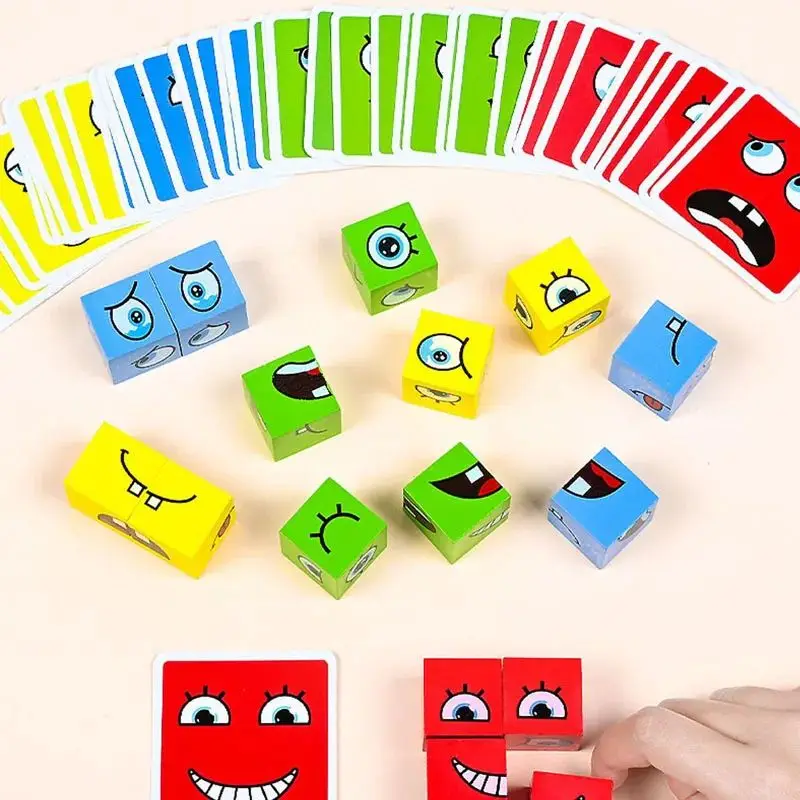 Gesicht wechselnde Würfel Bausteine Brettspiel Holz Puzzle Montessori Ausdruck Holzblöcke für Kinder Kampf Tischspiel