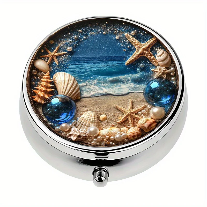 1 pill box with 3 compartments, ocean beach themed mini pill box, portable travel or wallet pill box, decorative vitamin storage box for purse or wallet